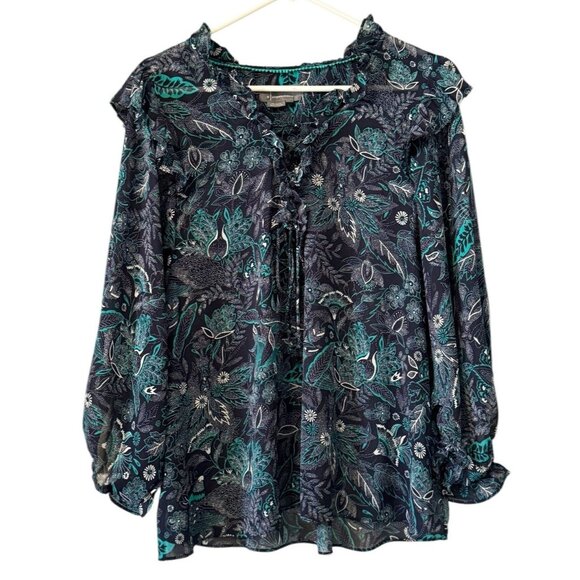 Anthropologie Maeve Floral Button Up Blouse Boho Size L Pleated Ruffles Peasant - Picture 1 of 13